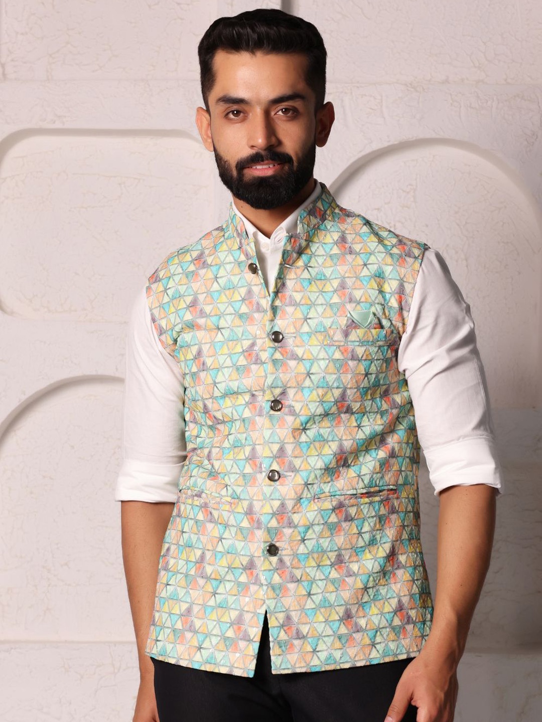 

Lightpole Men Geometric Print Woven Nehru Jacket, Green