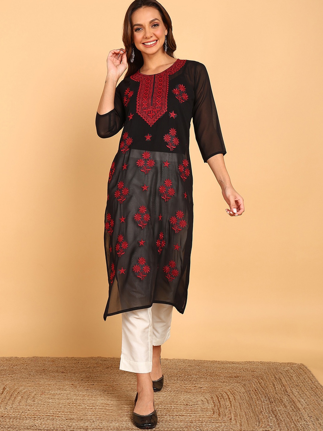 TOP N THREAD Ethnic Motifs Embroidered Thread Work Straight Georgette Kurta, Black