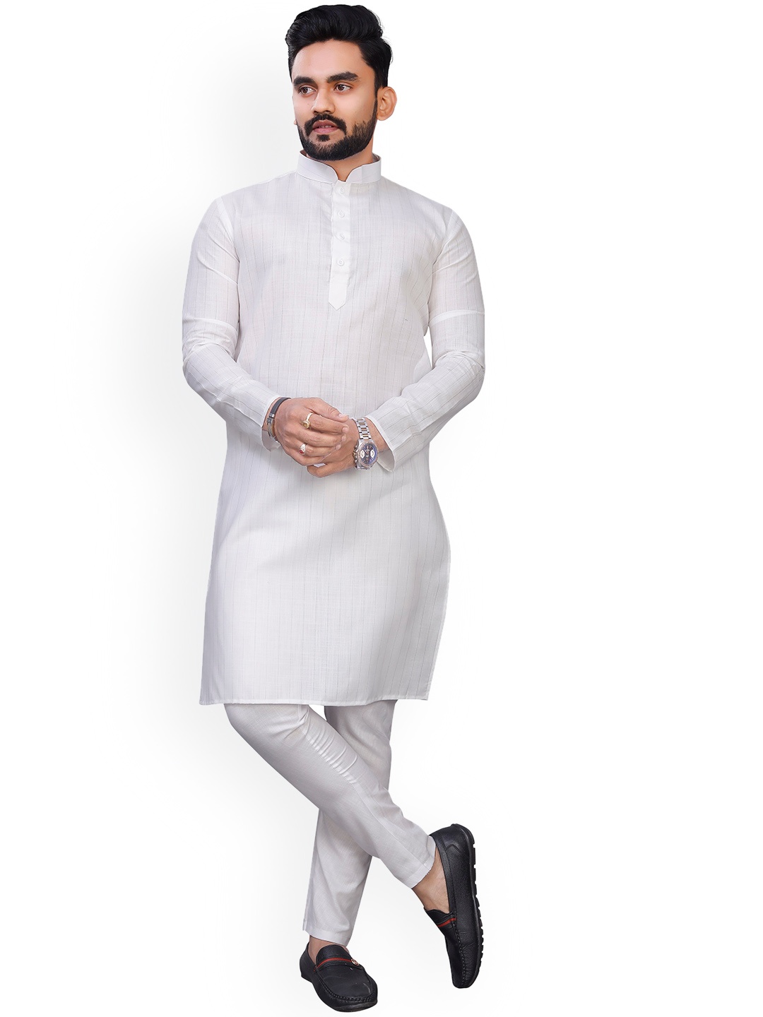 

Fashion FRICKS Men Striped Gotta Patti Kurta, White