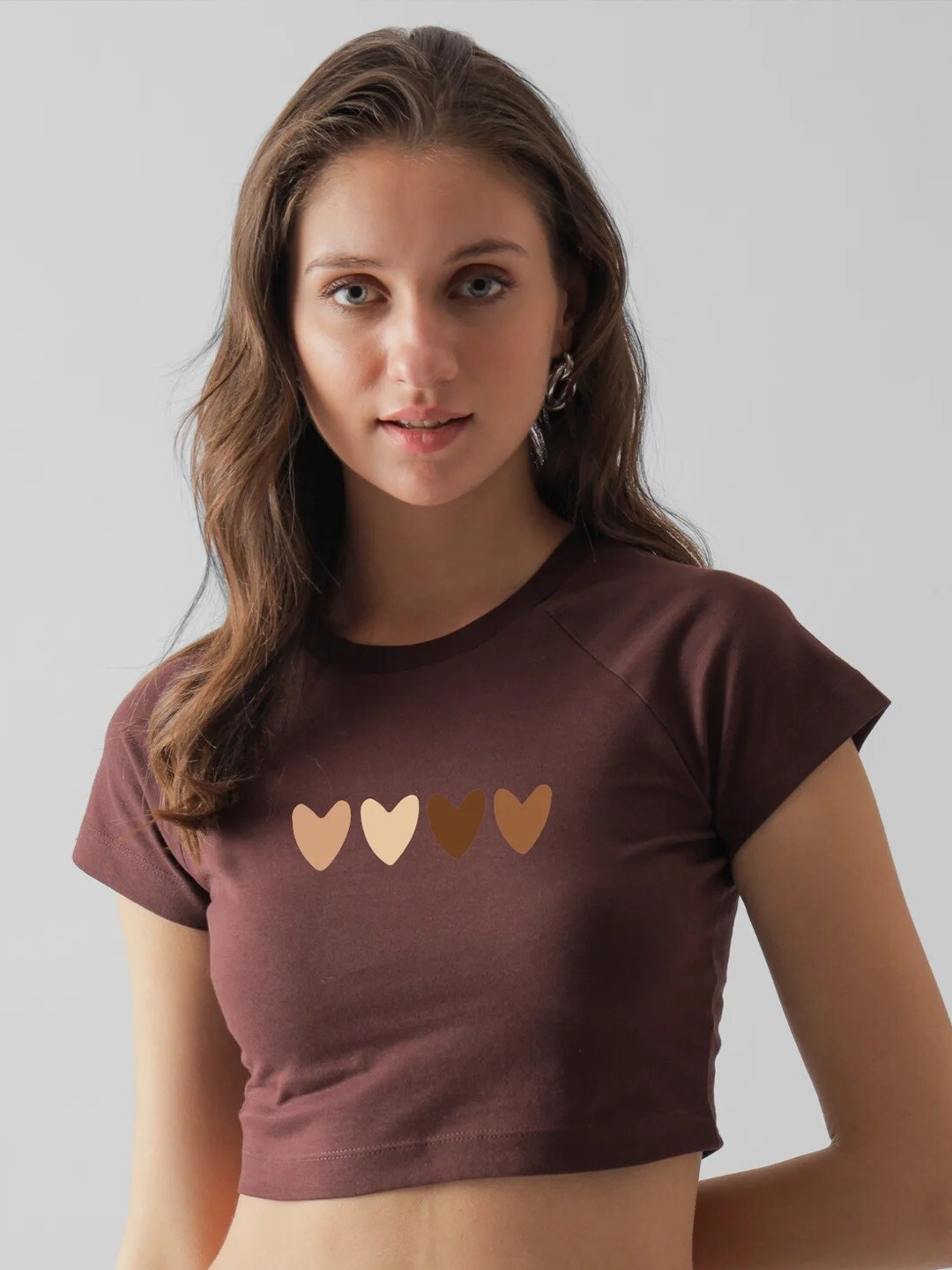 

BOTNIA Extended Sleeves Cotton regular Crop Top, Brown