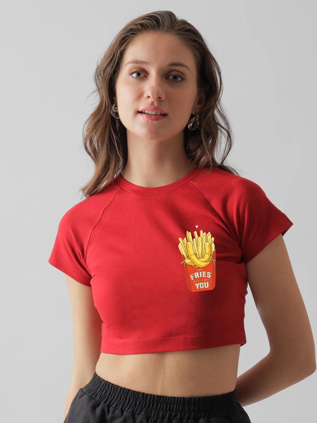 

BOTNIA Round Neck Printed Cotton Crop Top, Red
