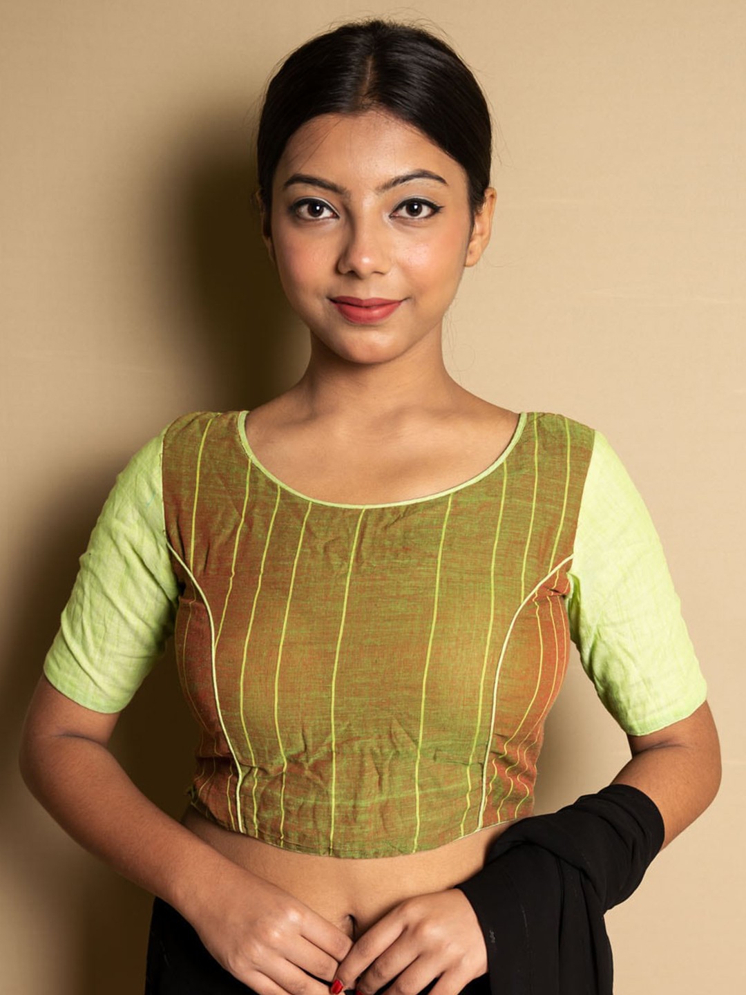 

SARIKA Striped Short Sleeves Cotton Saree Blouse, Green