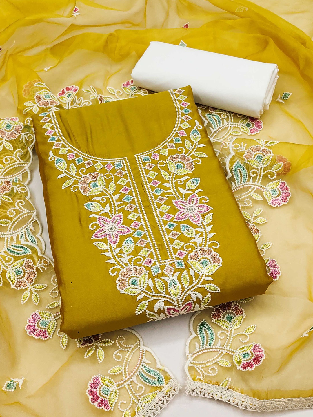 

KALINI Floral Embroidered Unstitched Dress Material, Mustard