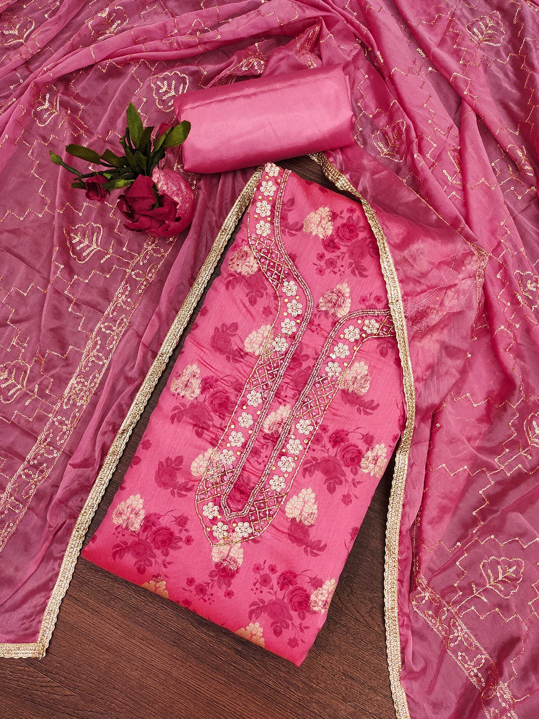 

KALINI Floral Zari Woven Design Unstitched Dress Material, Pink