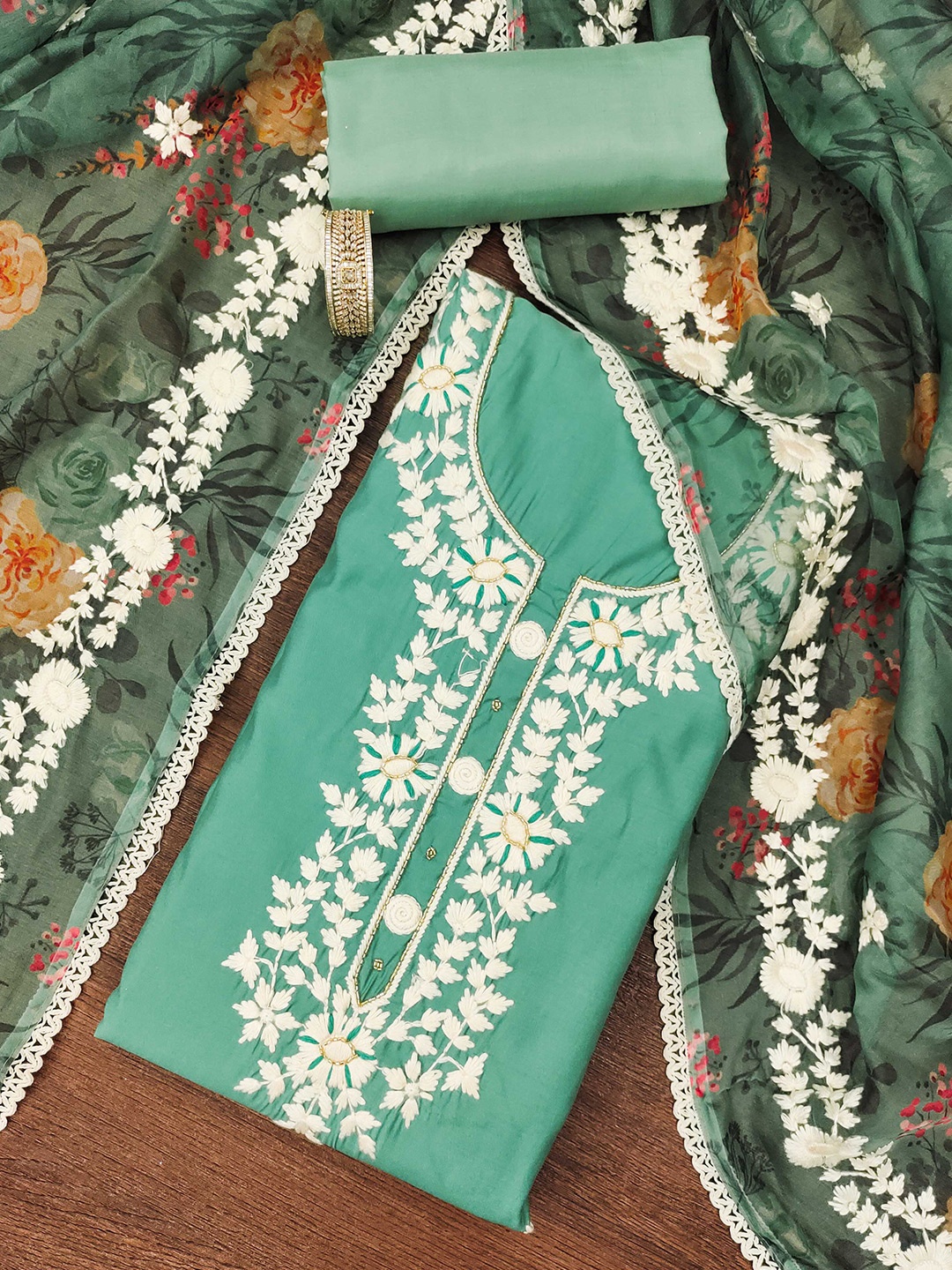 

KALINI Embroidered Pure Silk Unstitched Dress Material, Sea green