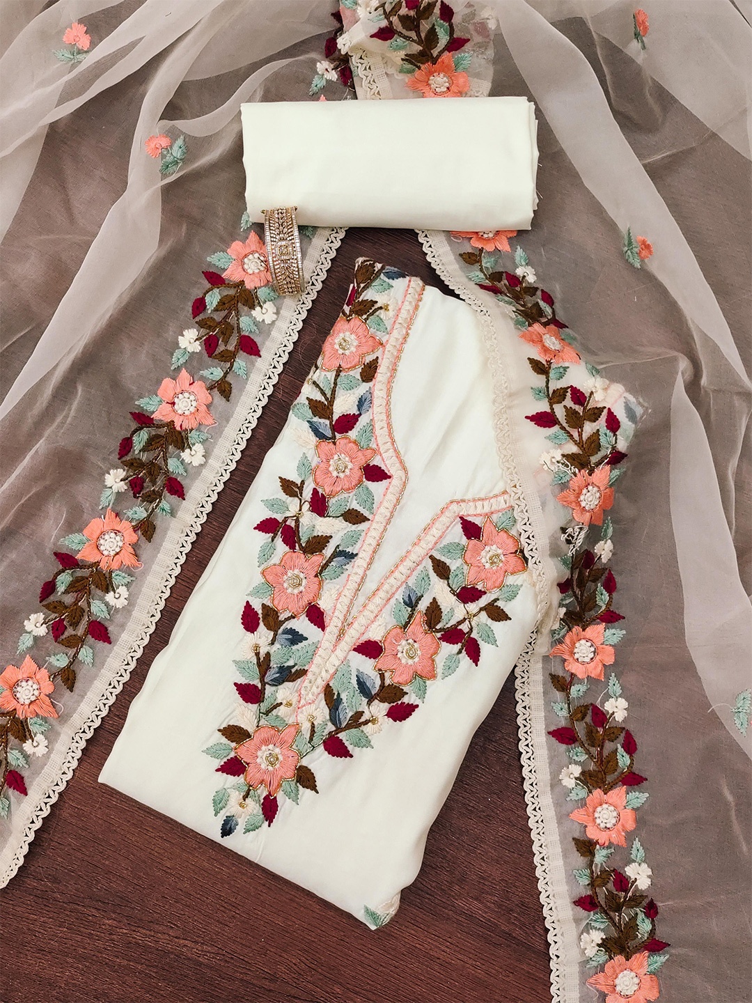 

KALINI Floral Embroidered Pure Silk Unstitched Dress Material, Off white