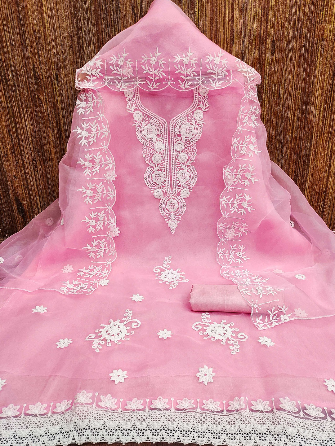 

KALINI Floral Embroidered Organza Unstitched Dress Material, Pink