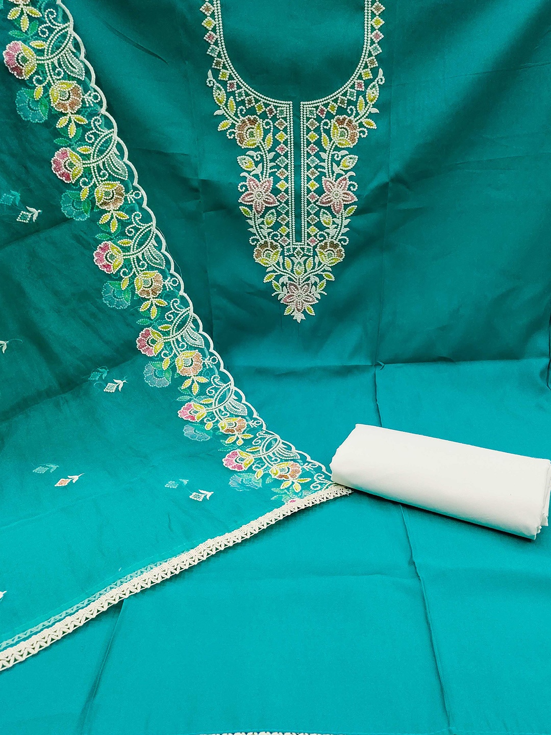 

KALINI Floral Zari Embroidered Unstitched Dress Material, Teal
