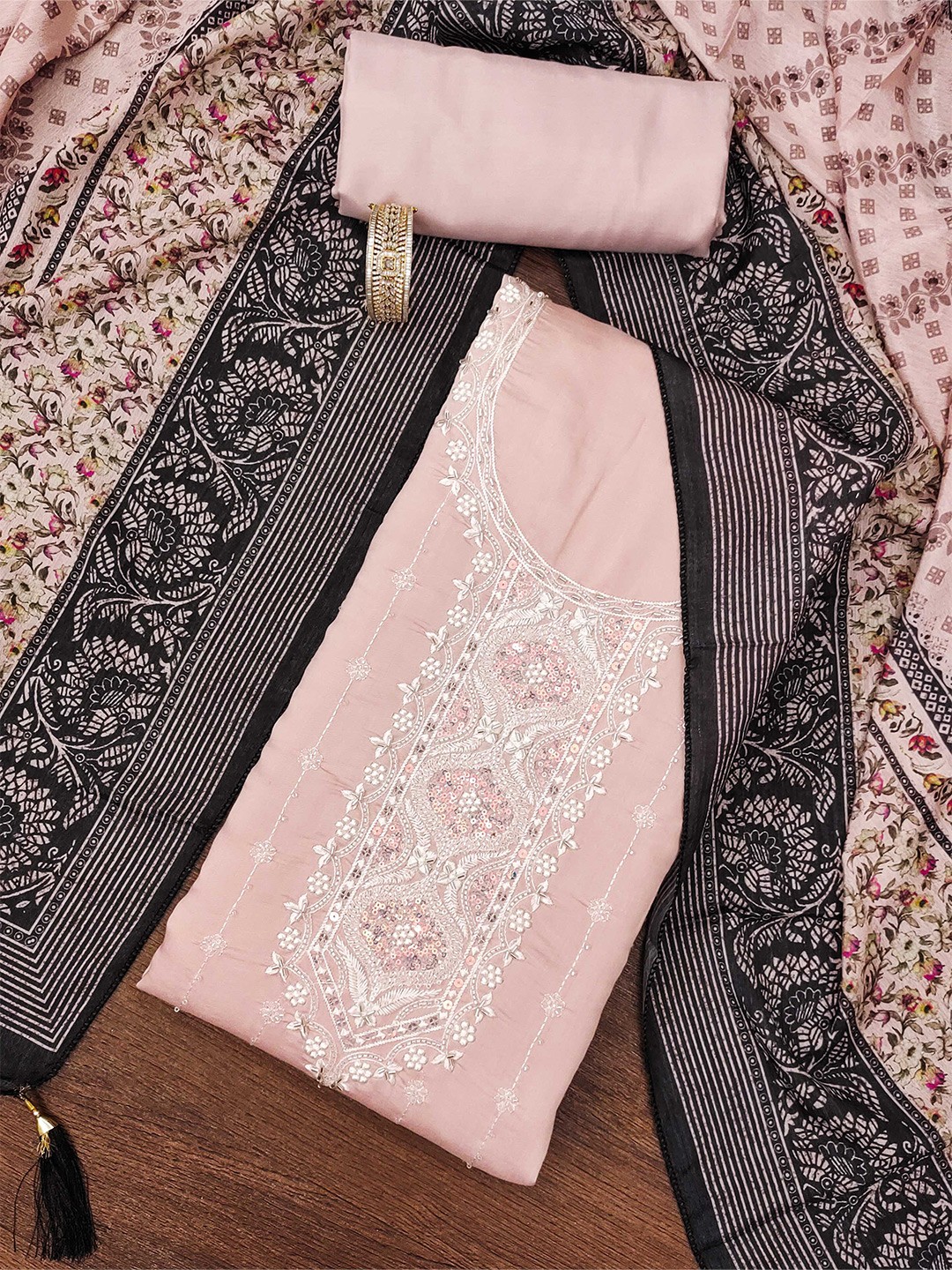 

KALINI Embroidered Pure Silk Unstitched Dress Material, Peach