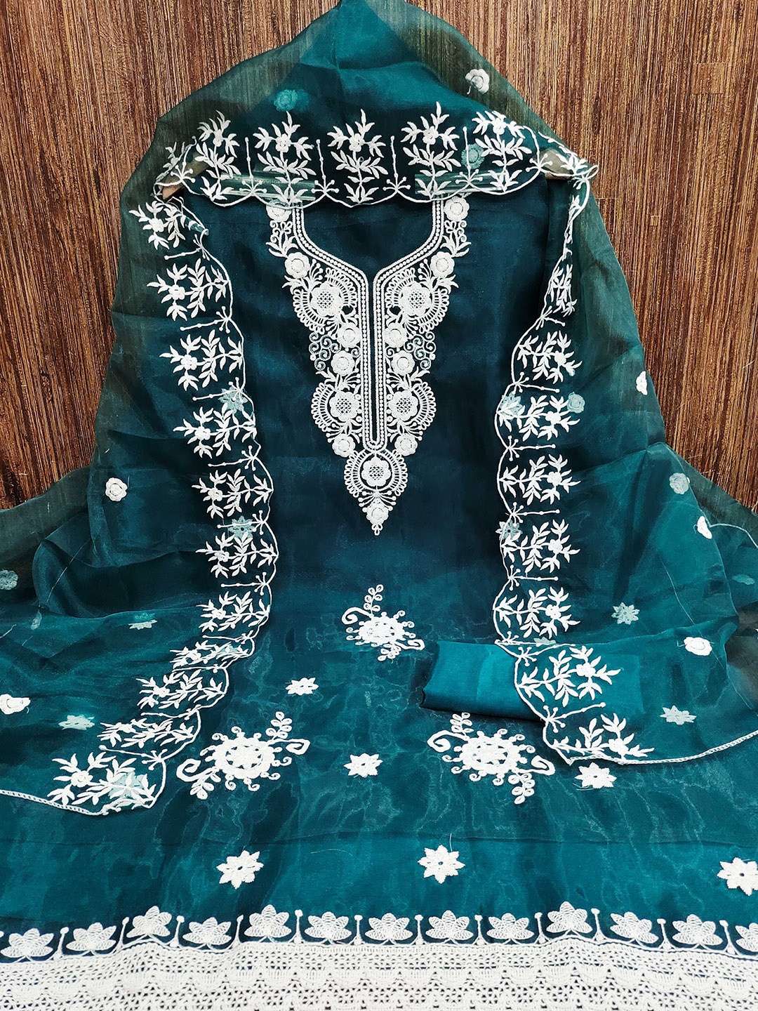 

KALINI Embroidered Organza Unstitched Dress Material, Teal
