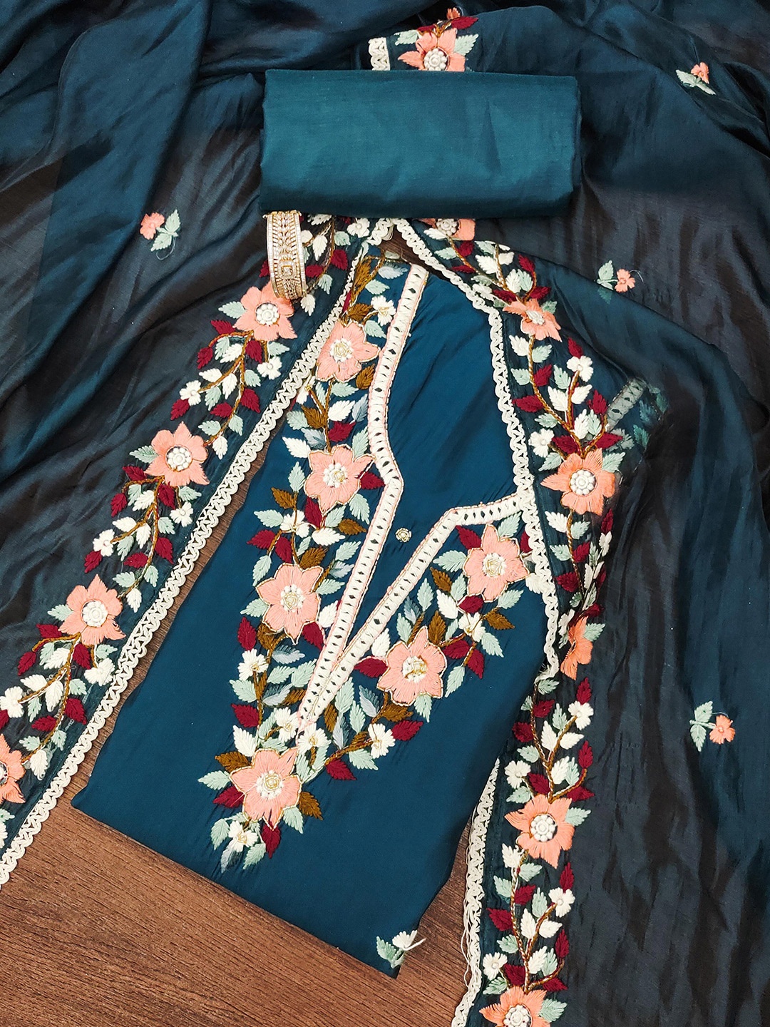 

KALINI Floral Embroidered Pure Silk Unstitched Dress Material, Teal