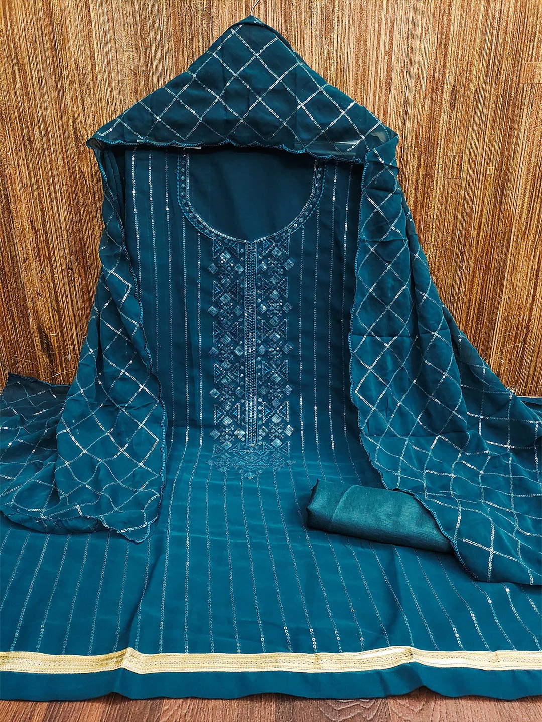 

KALINI Embroidered Silk Georgette Unstitched Dress Material, Teal