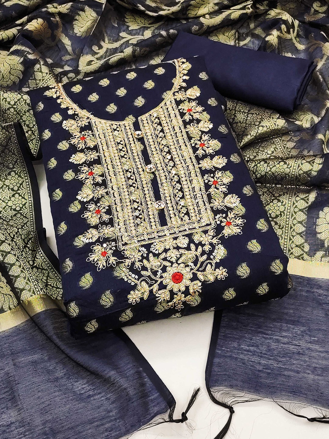 

KALINI Unstitched Dress Material, Navy blue
