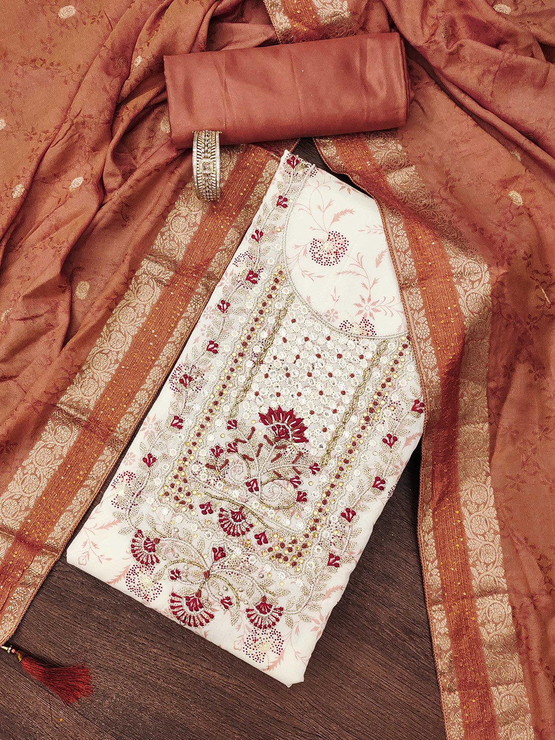 

KALINI Pure Cotton Unstitched Dress Material, Off white