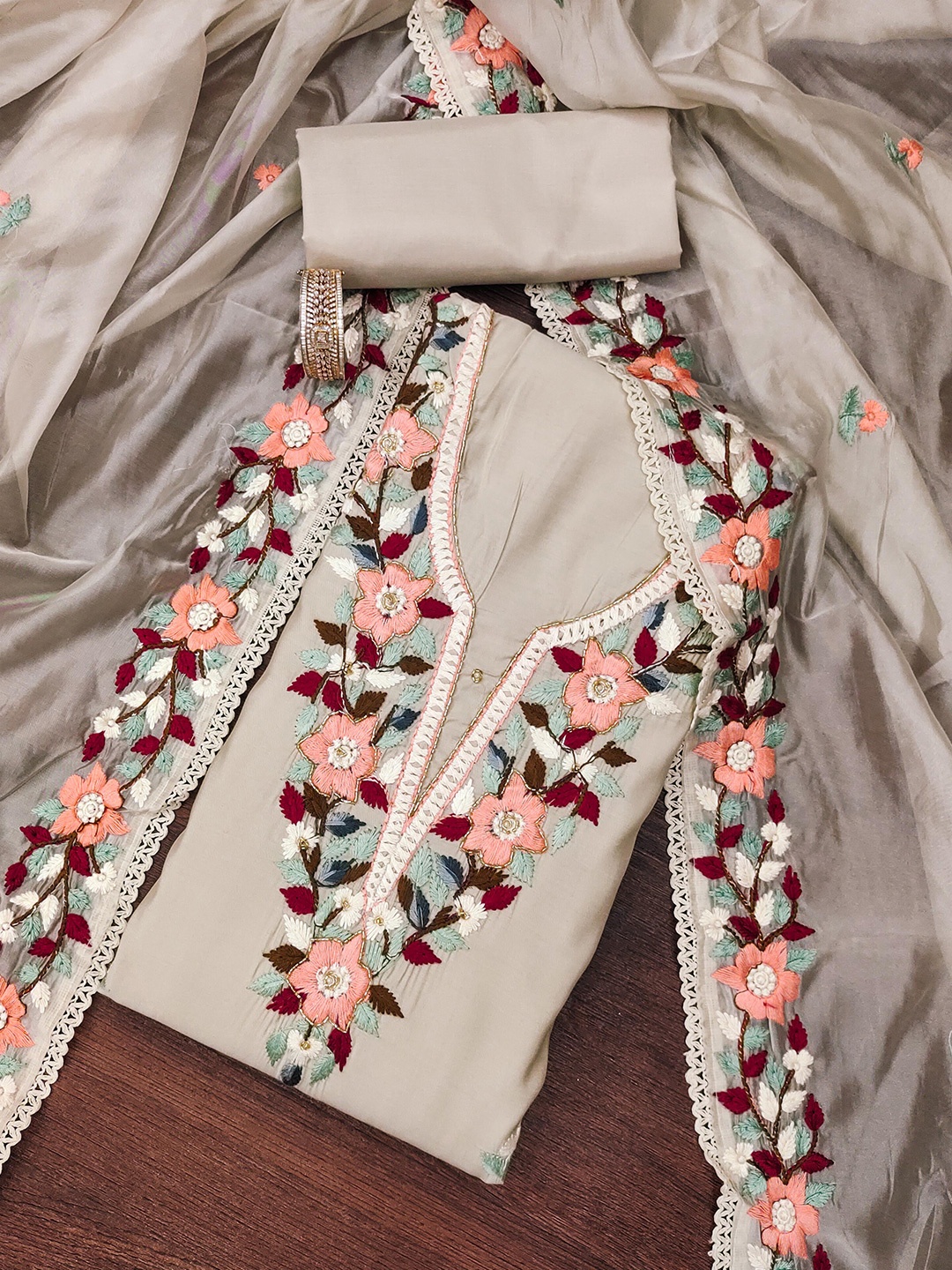 

KALINI Floral Embroidered Pure Silk Unstitched Dress Material, Cream