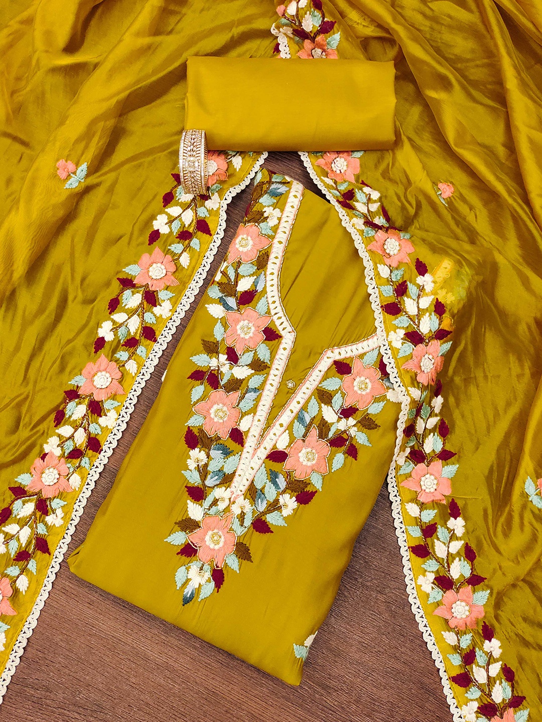 

KALINI Embroidered Pure Silk Unstitched Dress Material, Mustard