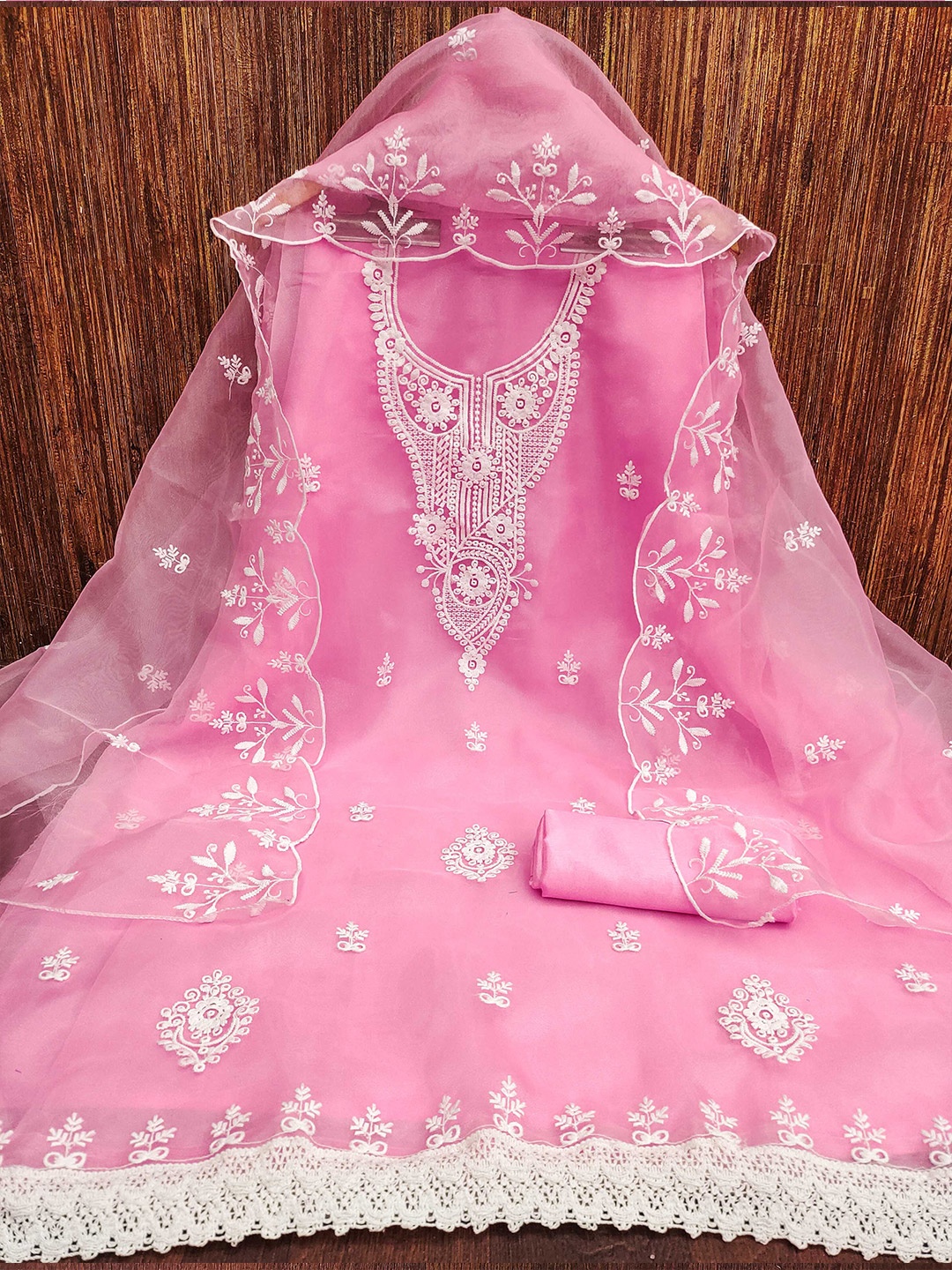

KALINI Ethnic Motifs Embroidered Organza Unstitched Dress Material, Pink