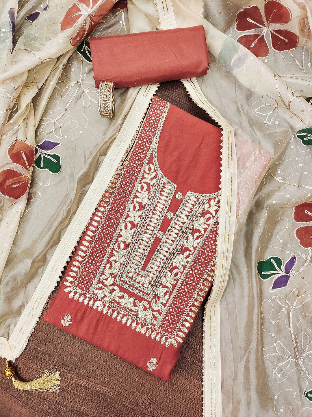 

KALINI Embroidered Pure Silk Unstitched Dress Material, Rust