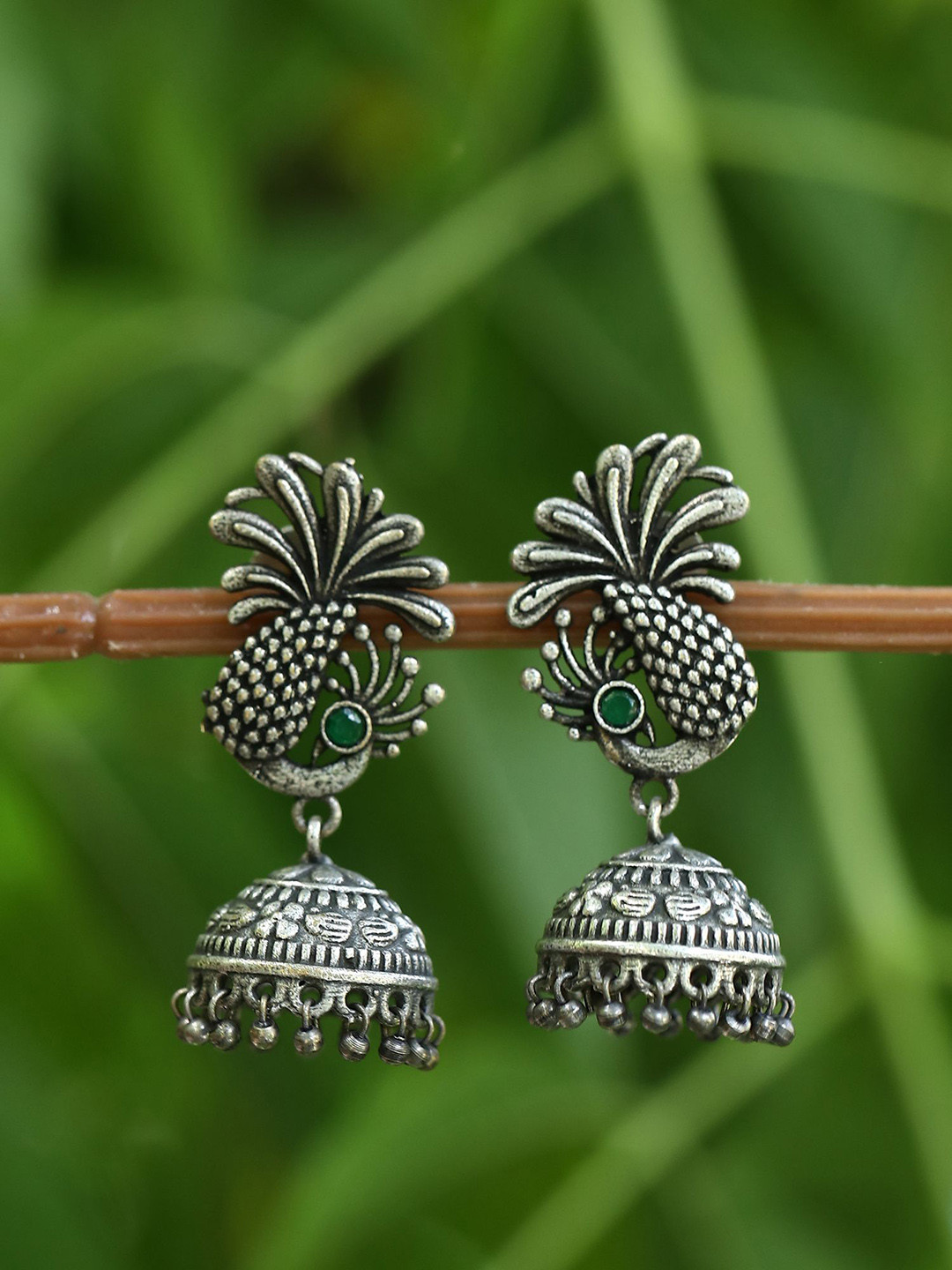 

Anouk Silver-Plated Stones Studded Oxidised Dome Shaped Jhumkas