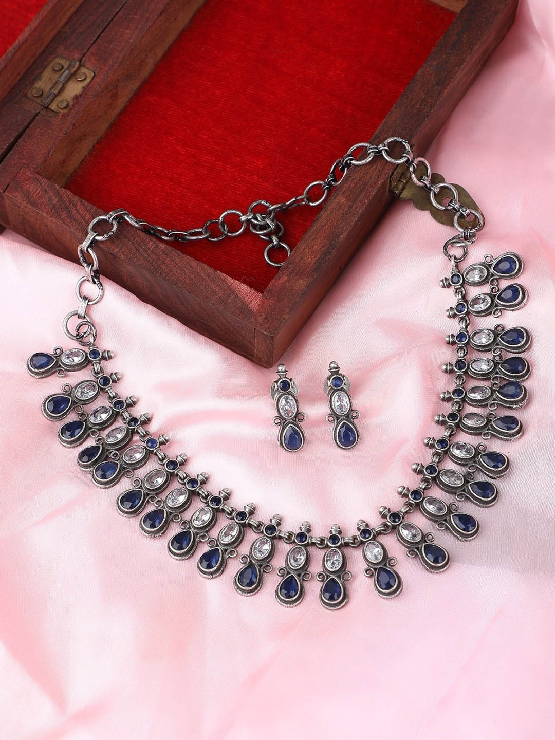 

Anouk Blue Silver-Plated Stones Studded & Pearls Beaded Oxidised Necklace and Earrings