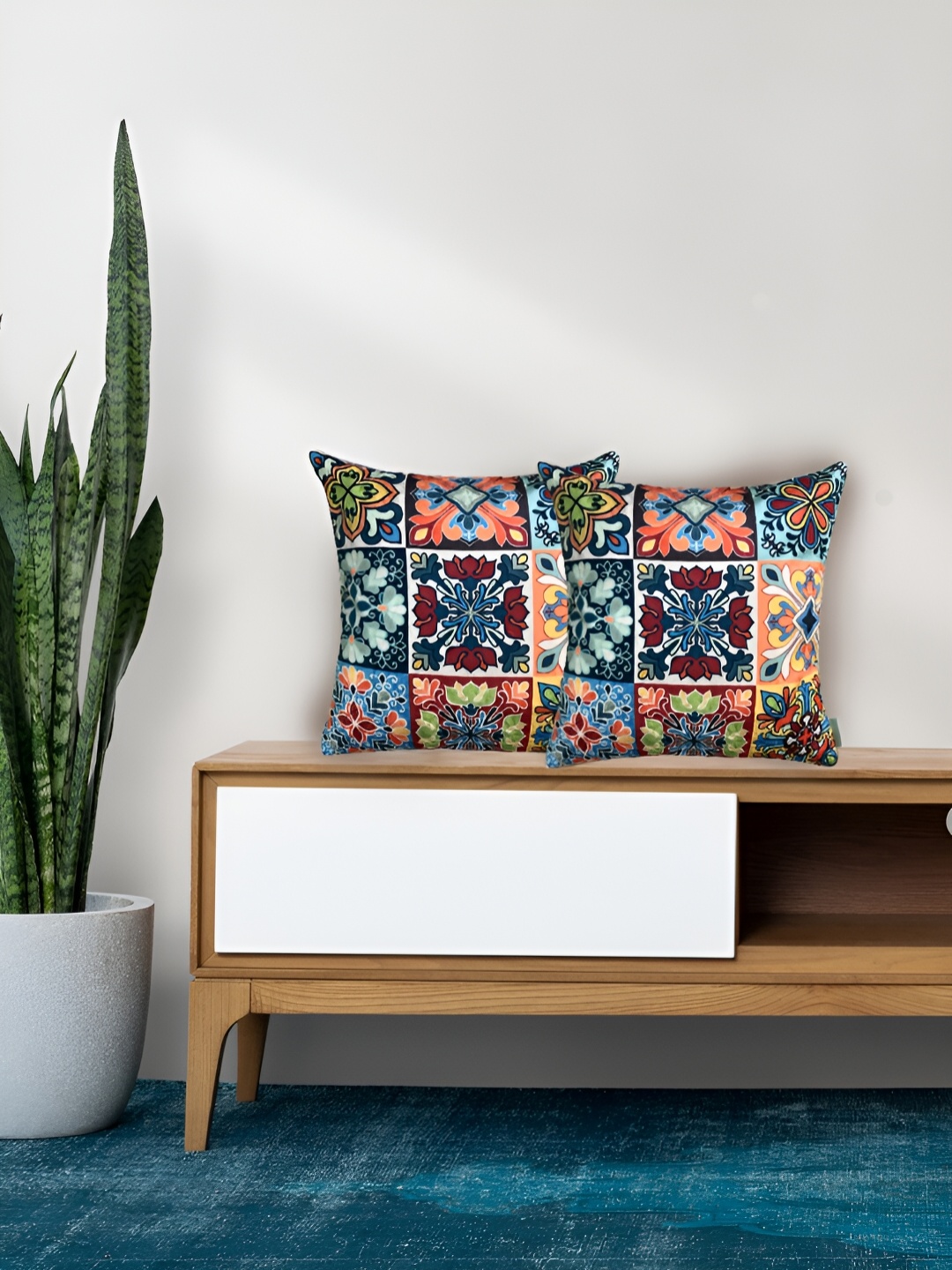 

Tasseled Home Blue & Orange 2 Pieces Ethnic Motifs Printed Velvet Square Cushion Covers