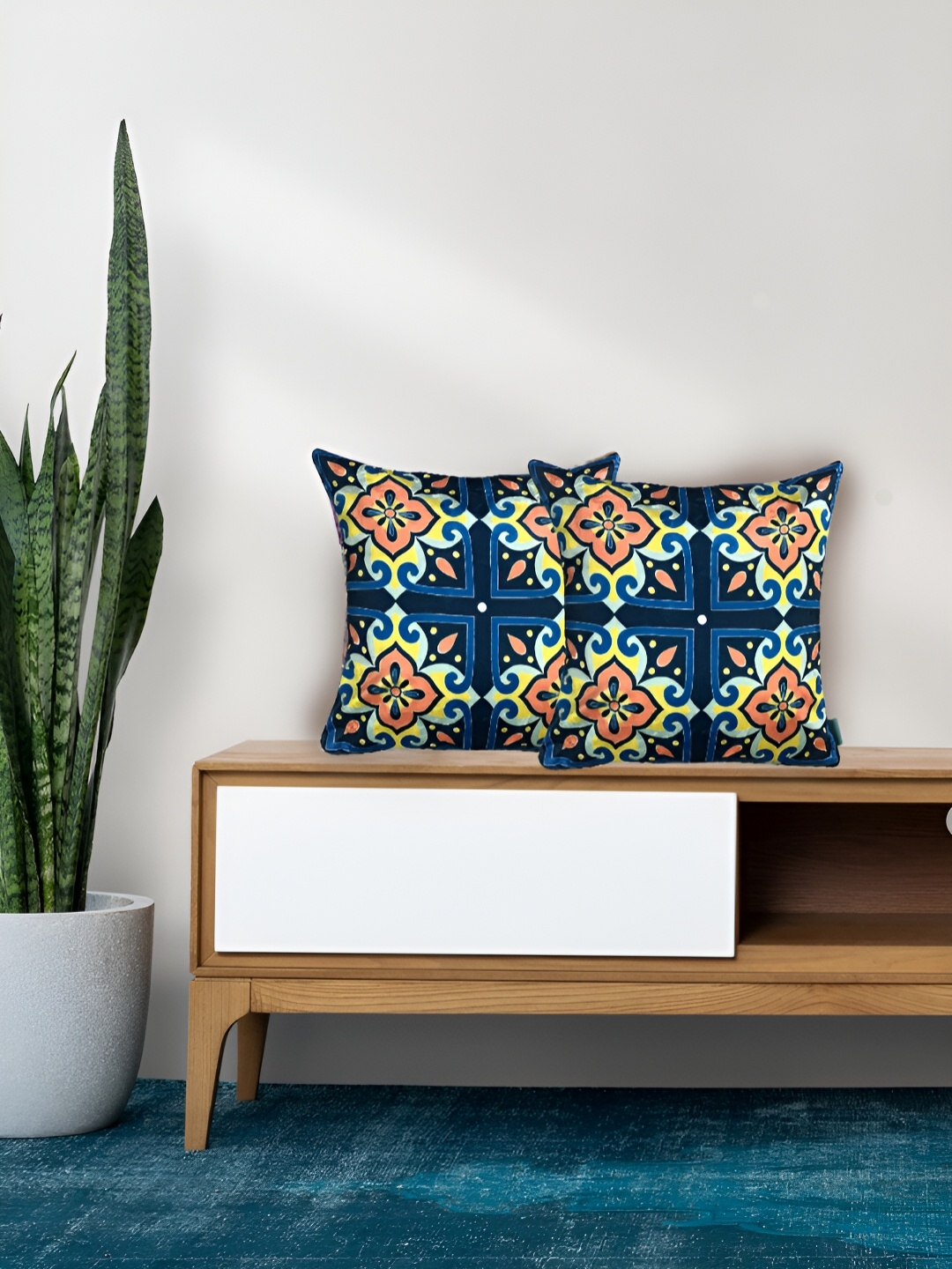 

Tasseled Home Blue & Yellow 2 Pcs Geometric Velvet Square Cushion Covers