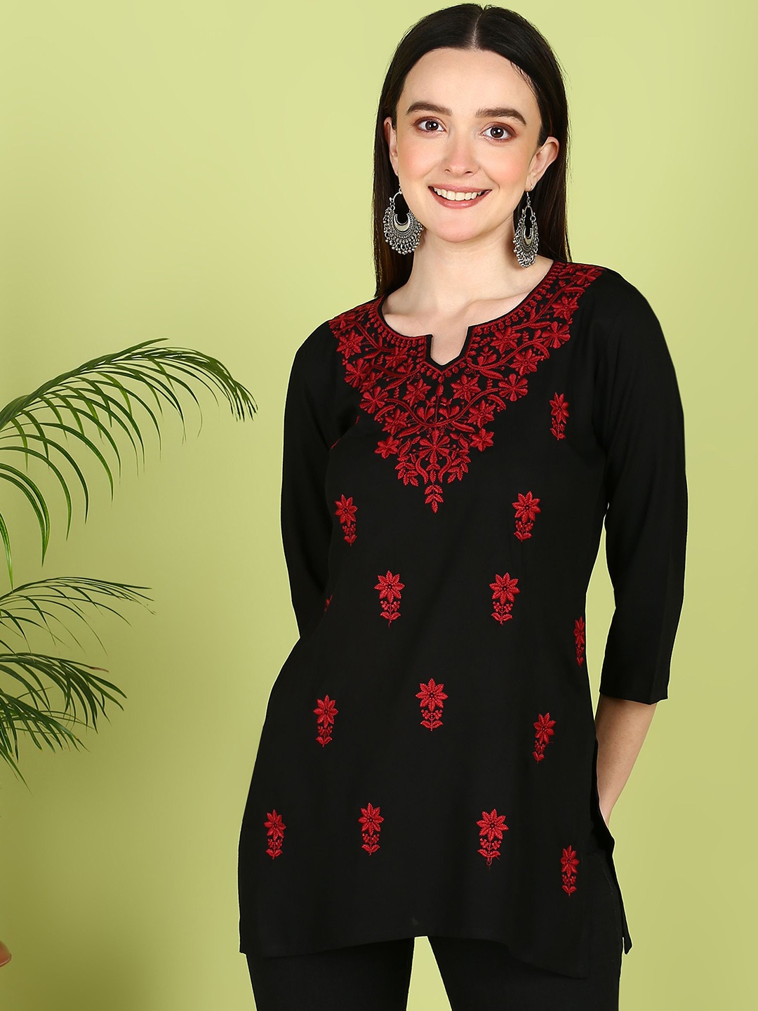 TOP N THREAD Women Ethnic Motifis Embroidered Round Notched Neck Kurti, Black