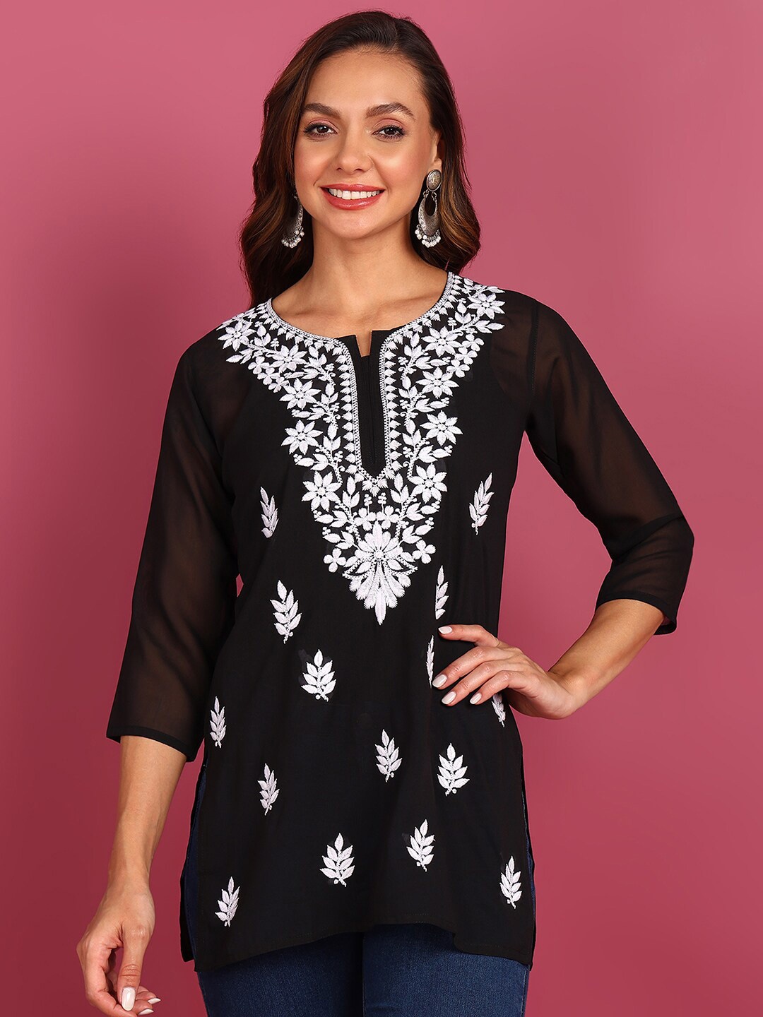 

TOP N THREAD Women Ethnic Motifs Embroidered Round Notched Neck Kurti, Black