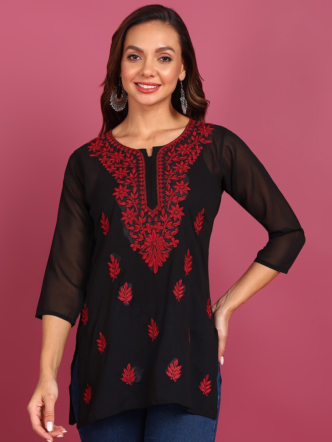 

TOP N THREAD Women Ethnic Motifs Embroidered Round Notched Neck Kurti, Black