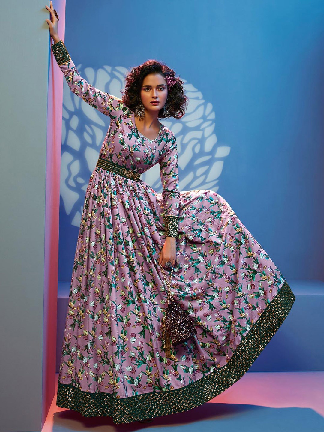 

ODETTE Women Floral Printed Thread Work Crepe Anarkali Kurta, Lavender