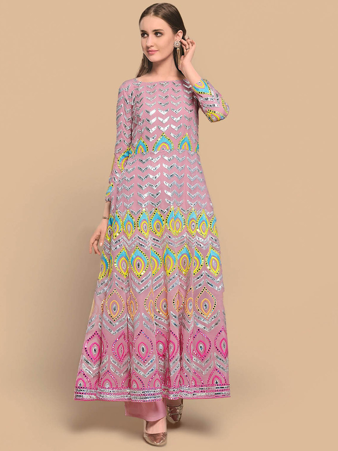 

ODETTE Chevron Embroidered Georgette Anarkali Kurta, Lavender