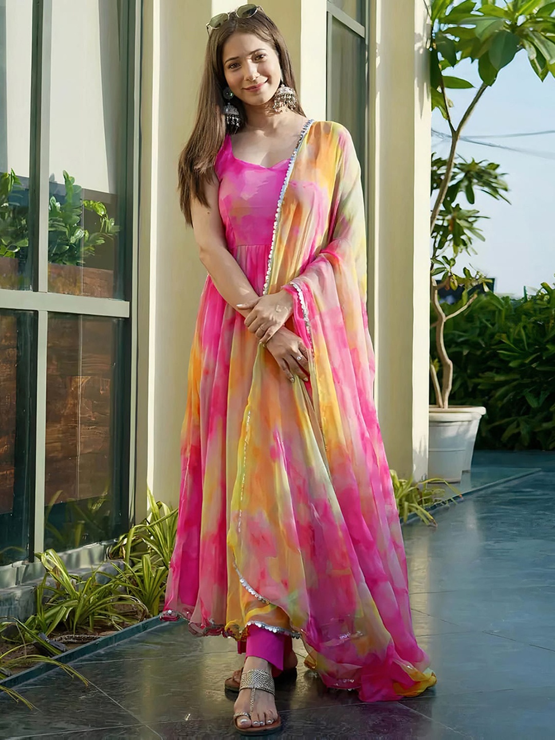 

ODETTE Abstract Printed Round Neck Anarkali Kurta, Pink