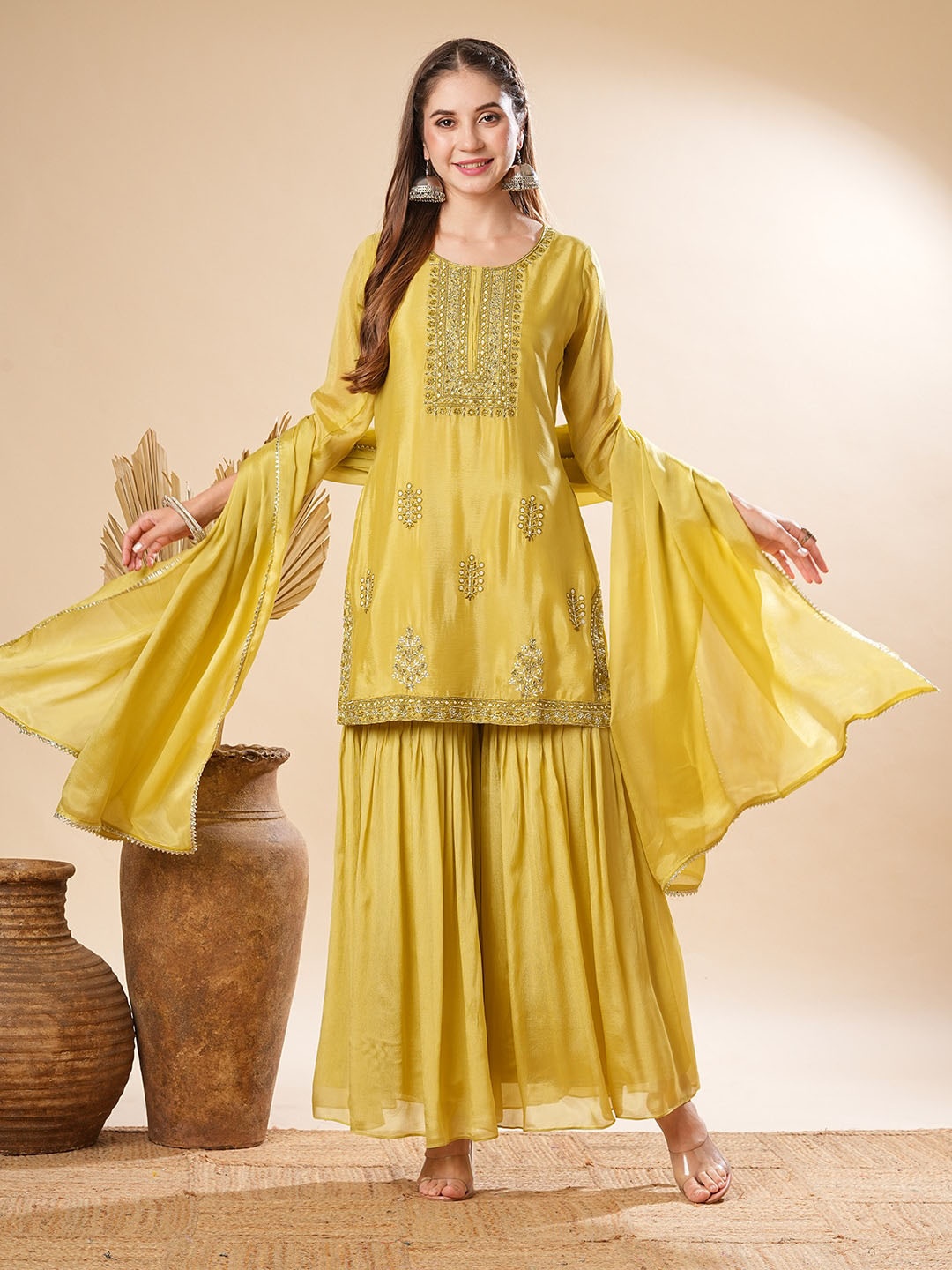 

FASHOR Ethnic Motifs Embroidered Zardozi Straight Kurti With Sharara & Dupatta, Lime green