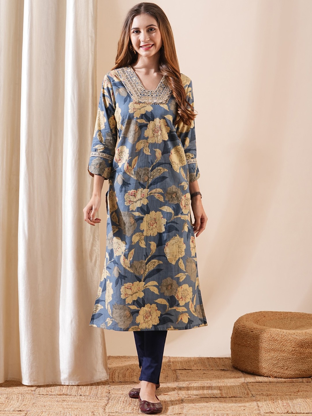 

FASHOR Floral Printed Thread Work Cotton A-Line Kurta, Blue