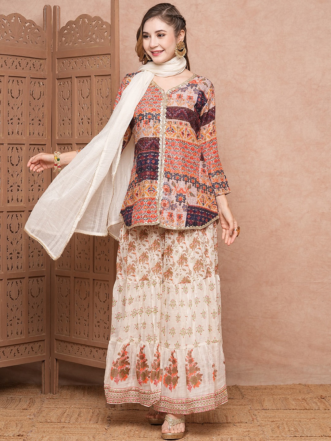 

FASHOR Ethnic Motifs Printed A-Line Kurti With Sharara & Dupatta, White