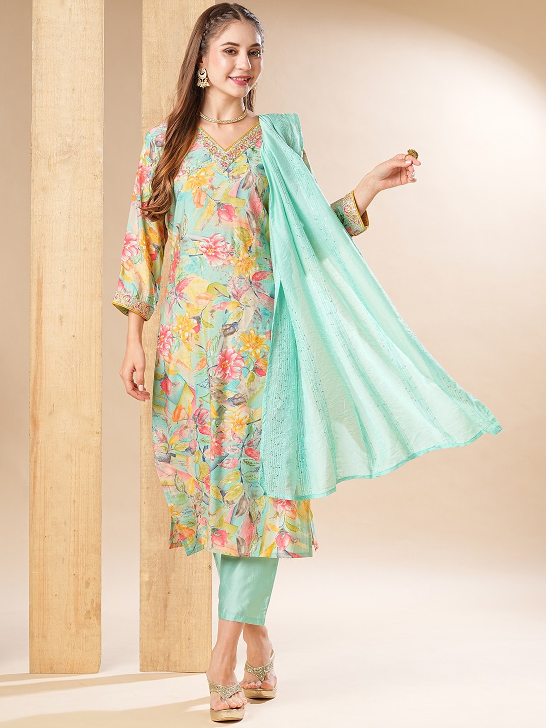 

FASHOR Floral Printed Mirror Work Straight Kurta With Trousers & Dupatta, Green