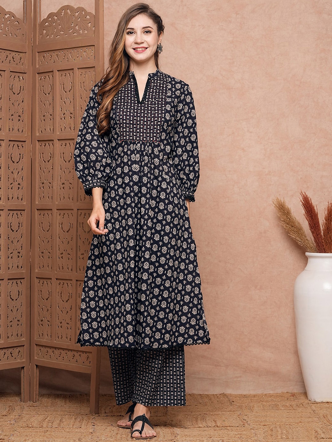 

FASHOR Ethnic Motifs Printed Pleated Kantha Work Pure Cotton A-Line Kurta With Palazzos, Black