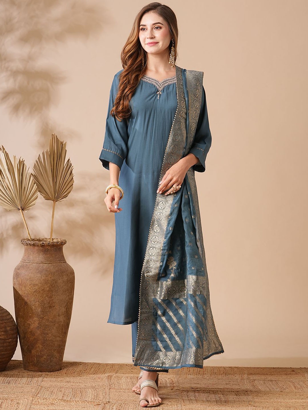 

FASHOR Zardozi Jacquard Straight Kurta With Trousers & Dupatta, Teal