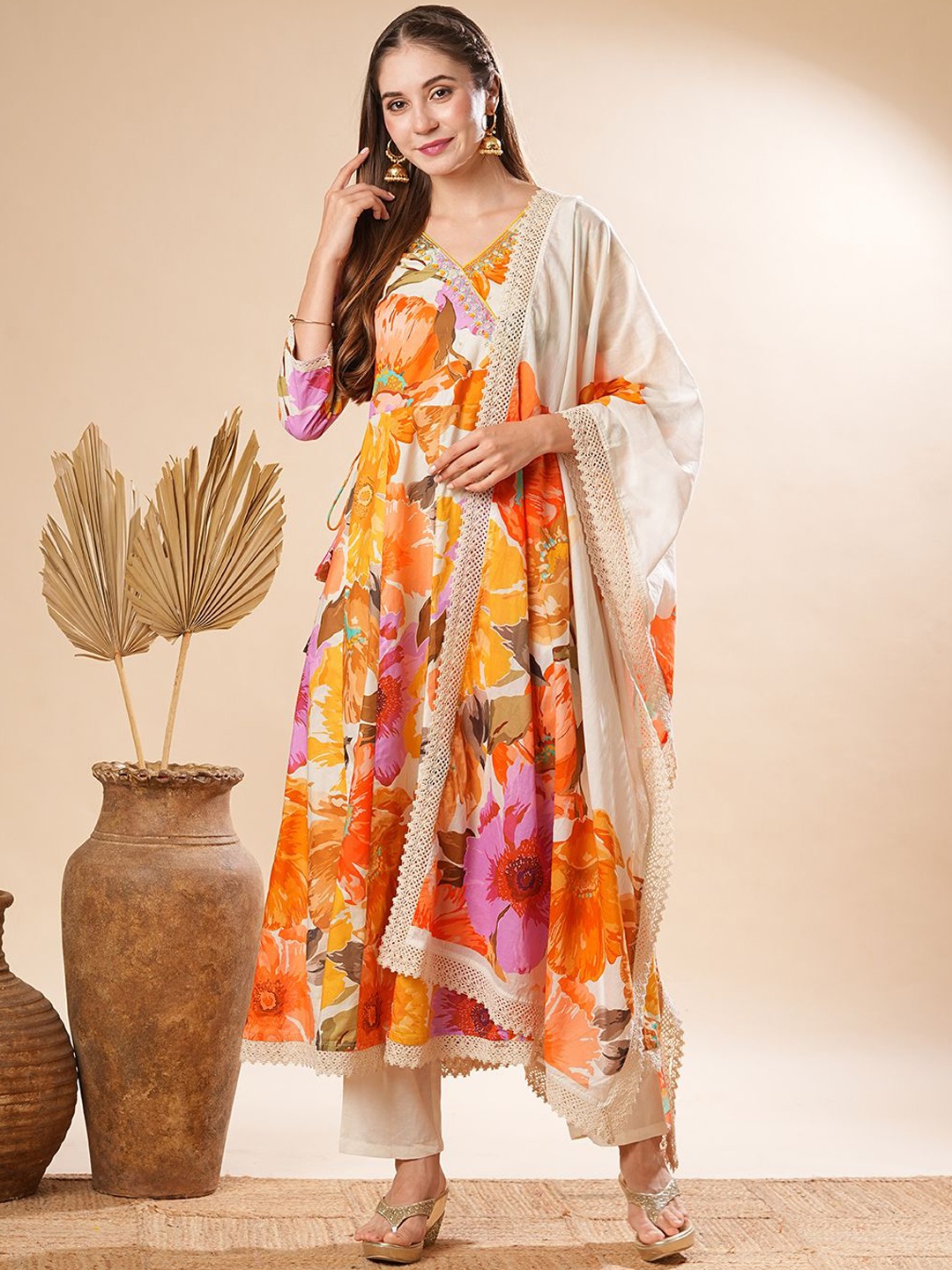 

FASHOR Floral Panelled Beads & Stones Pure Cotton Anarkali Kurta &Trousers & Dupatta, Orange