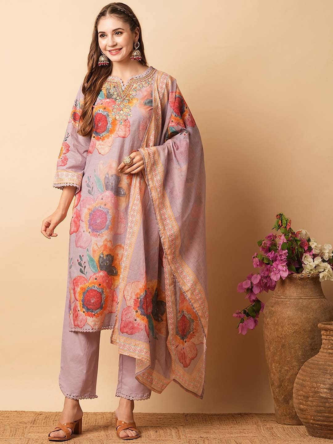 FASHOR Floral Printed Mirror Work Pure Cotton Straight Kurta With Trousers & Dupatta, Lavender