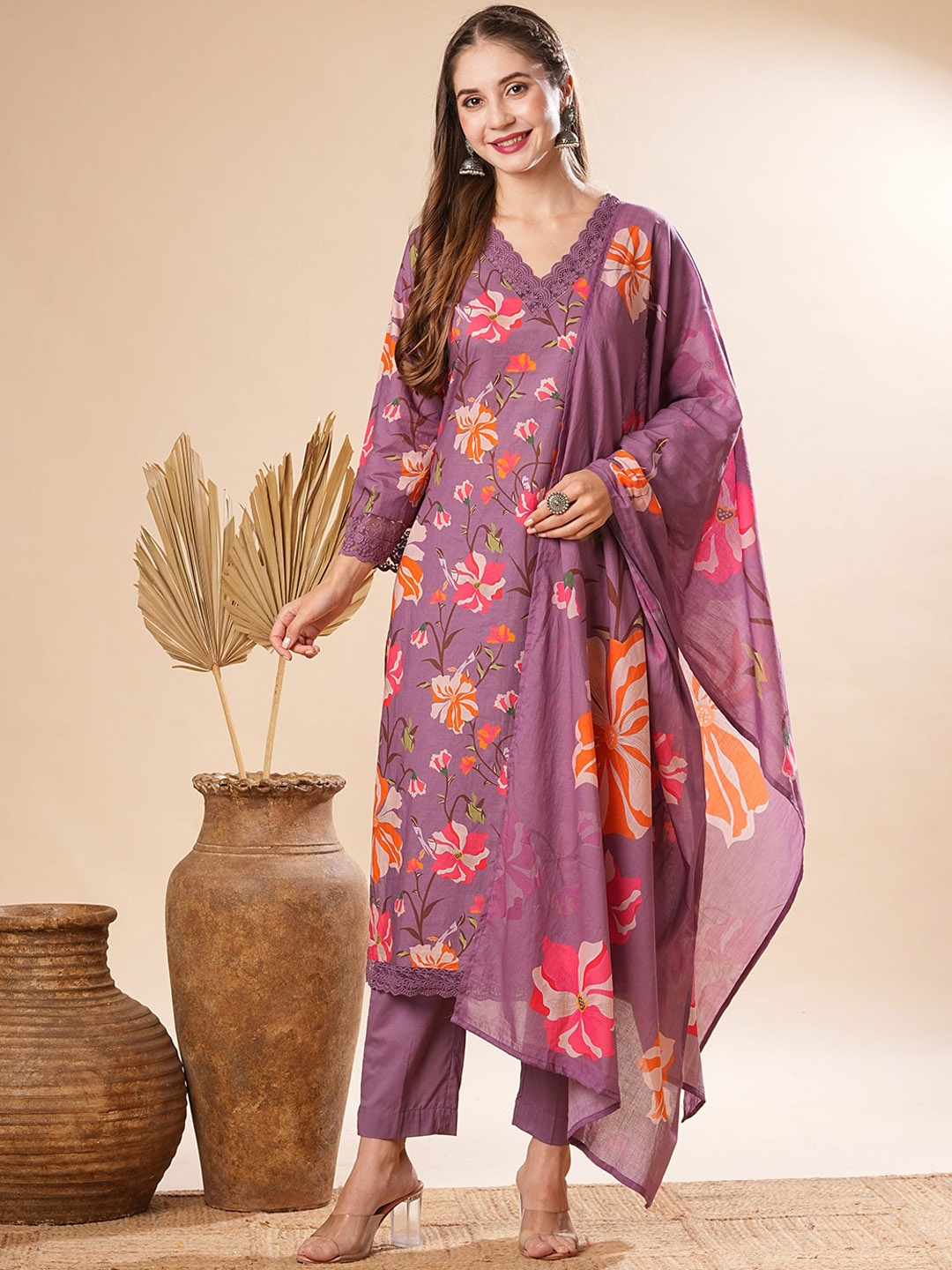 

FASHOR Floral Printed Thread Work Pure Cotton Straight Kurta With Trousers & Dupatta, Purple