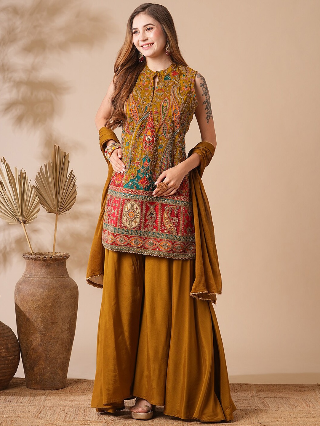 

FASHOR Ethnic Motifs Embroidered Mandarin Collar Zari Straight Kurta & Sharara & Dupatta, Mustard