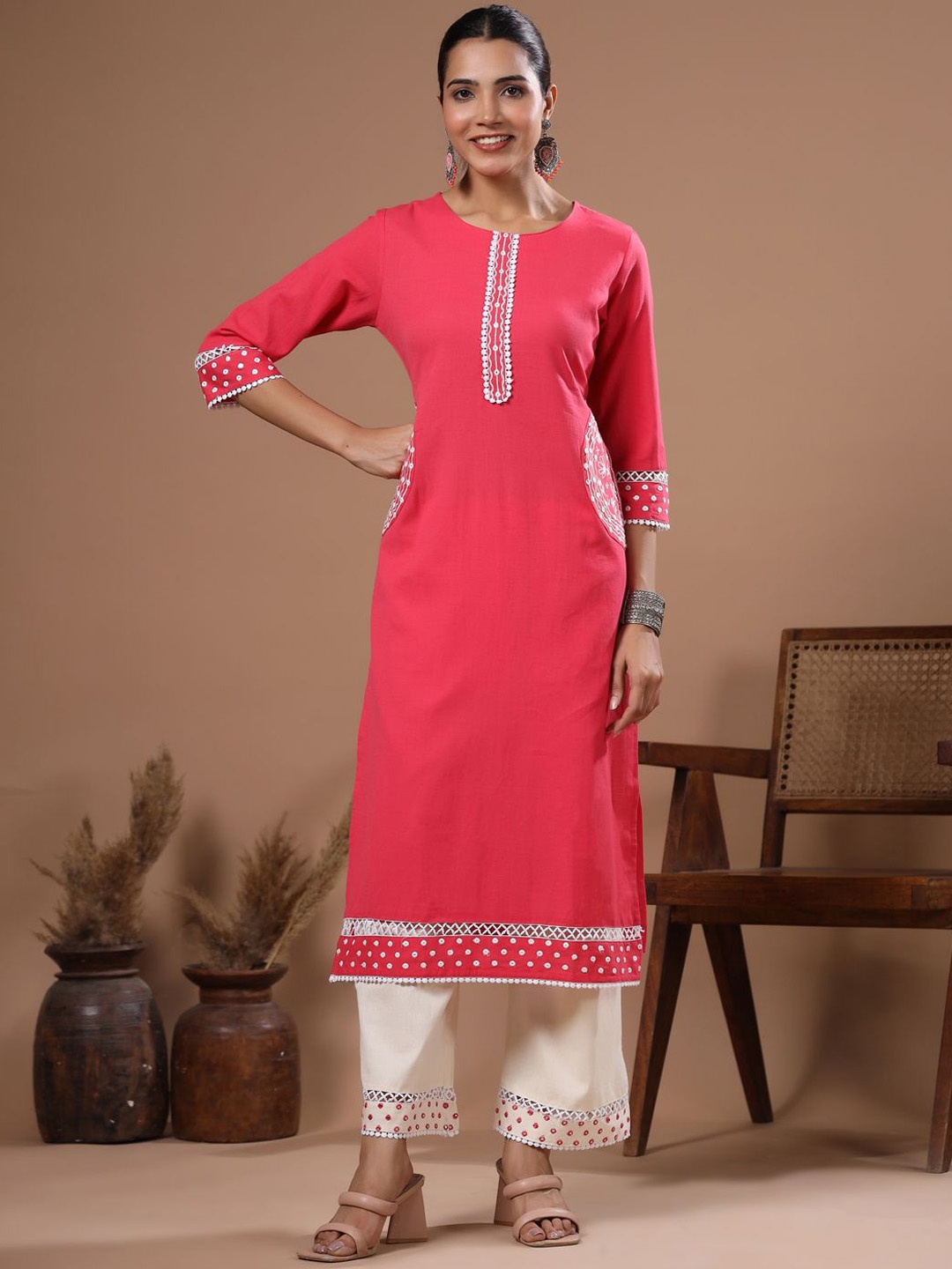 

FASHOR Floral Embroidered Mirror Work Pure Cotton Straight Kurta With Palazzos, Pink