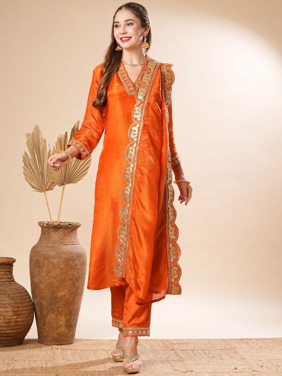 

FASHOR V-Neck Gotta Patti Kurta With Trousers & Dupatta, Orange