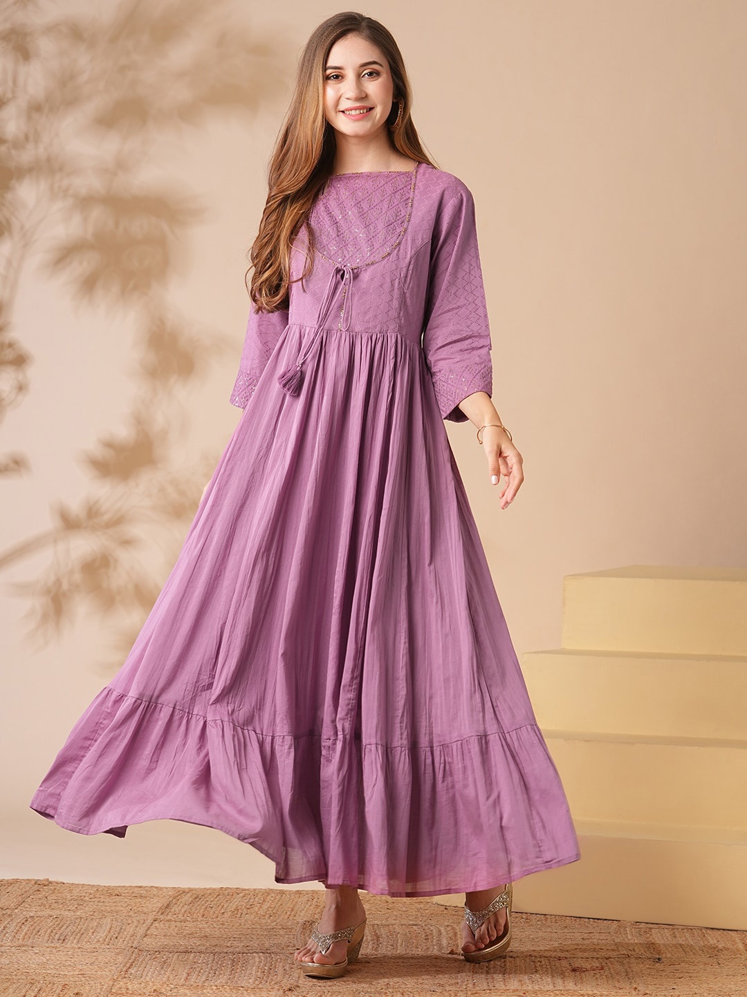 

FASHOR Pleated Cotton Tiered Dress, Lavender