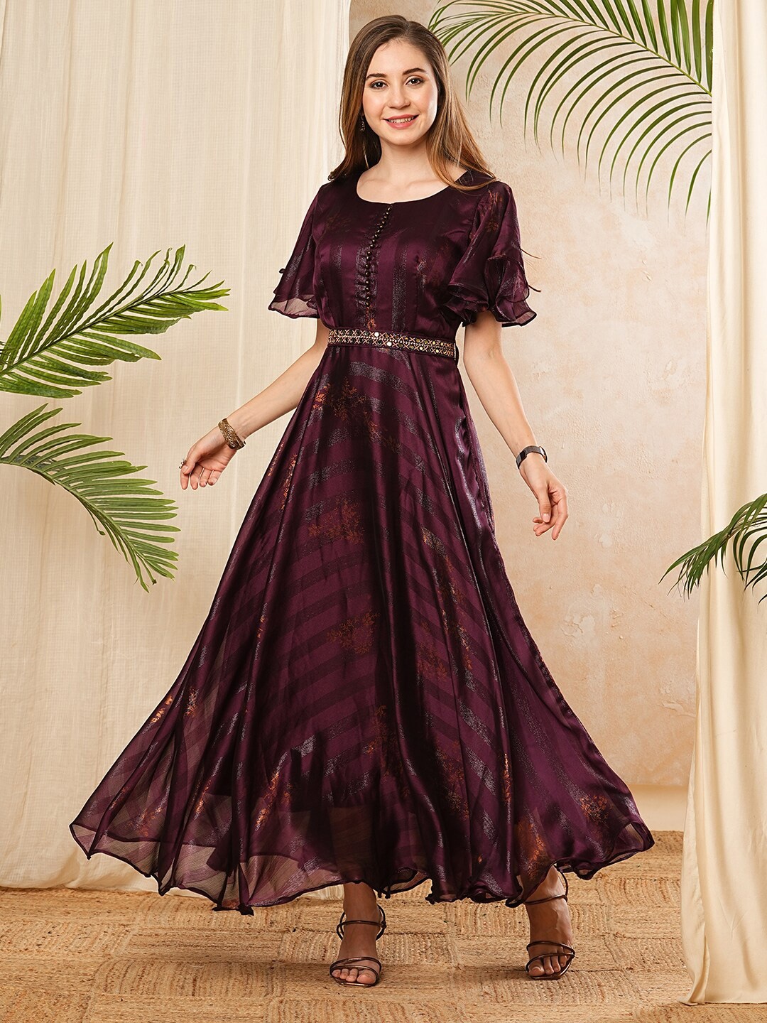 

FASHOR Flared Sleeve Crepe Maxi Dress With Embroidered Waist Belt, Mauve