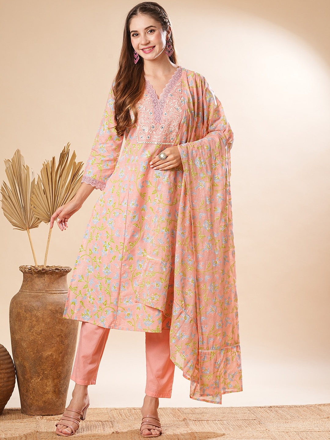 

FASHOR Floral Printed V-Neck Pure Cotton Straight Kurta with Trousers & Dupatta, Peach