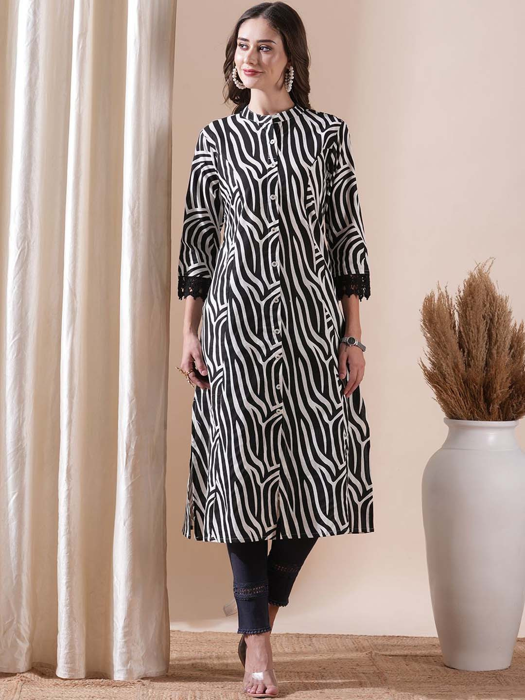

FASHOR Abstract Printed Band Collar A-Line Cotton Kurta, Black