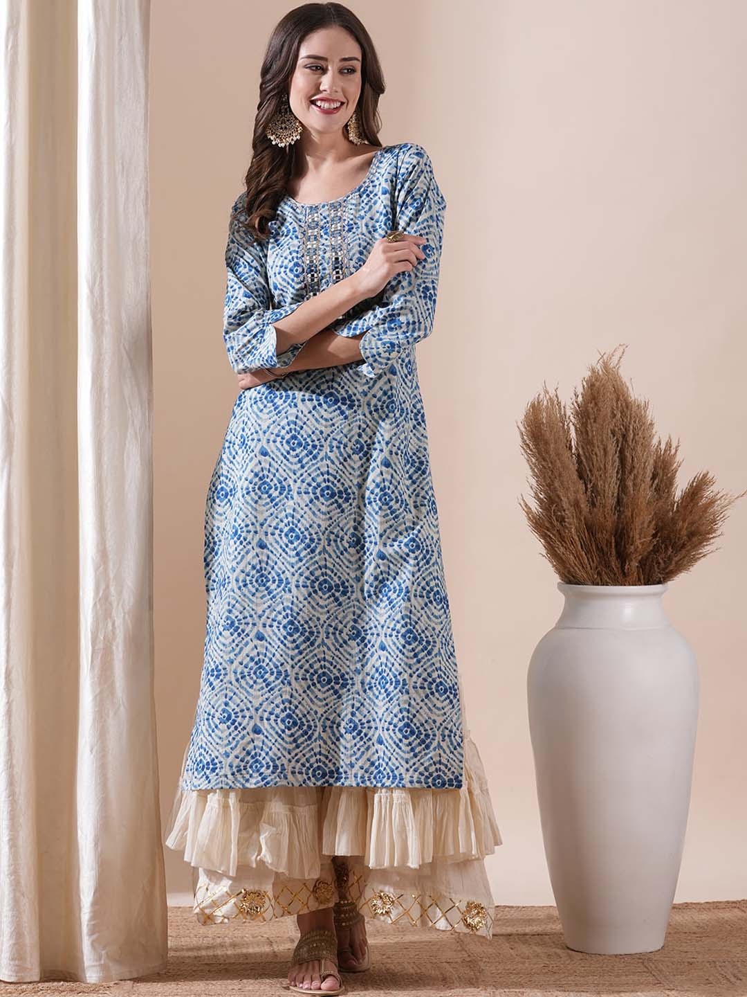 

FASHOR Round Neck Abstract Printed Gotta Patti Anarkali Kurta, Blue