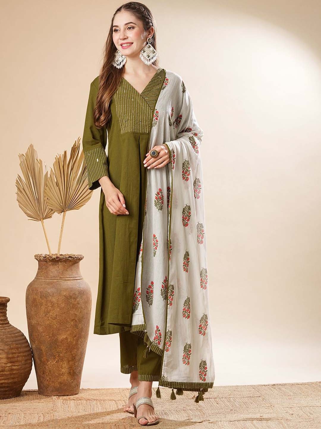 

FASHOR Striped Yoke Design Kantha Work A-Line Kurta With Trousers & Dupatta, Olive